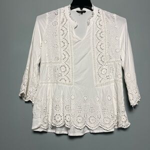 Coastal Bohemian White Eyelet Blouse Spiaggia Dolce Bell Sleeve Women’s Size S